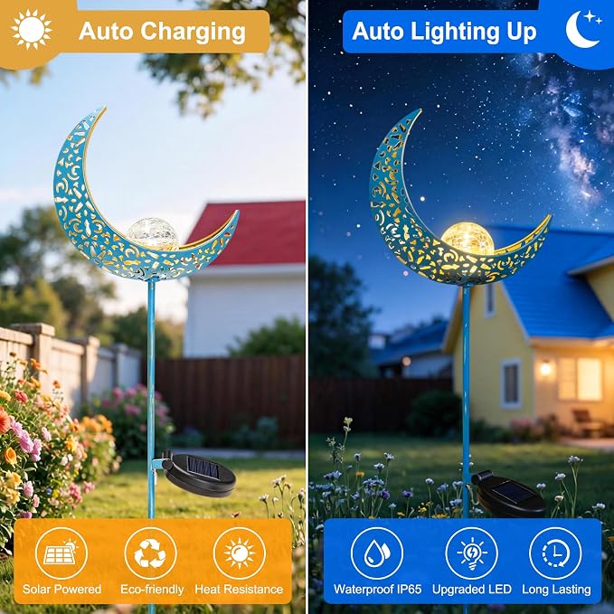 Moon Solar Garden Lights Outdoor Stakes, Waterproof Crackle Glass Metal Yard Lights for Lawn, Patio Accessories, Backyard Decor, Birthday Gifts for Mom