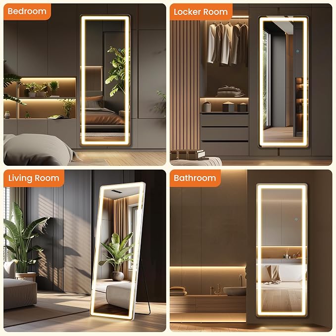LED Full Length Mirror 71x26 Inch, Lighted Floor Body Mirror with Stand | Tall Arch Aluminum Frame Mirrors with Dimmable 3 Color Lighting, Hanging Mounted Mirrors for Living Room, Bedroom, Cloakroom