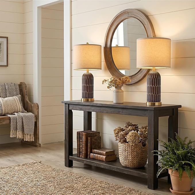 22.5" Bedside Table Lamps Set of 2, Farmhouse Table Lamp with USB A+C Charging Ports, Vintage Nightstand Lamp for Bedrooms and Living Rooms, Mid Century Modern End Table Lamp, Brown and Gold