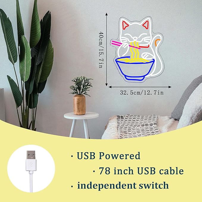 Fortune Cat Ramen Neon Sign, Dimmable Japanese Lucky Cat Noodle LED Neon Sign for Wall Decor, USB Powered for Restaurant Bar Party Bedroom Birthday Gifts(15.7 * 12.7in)