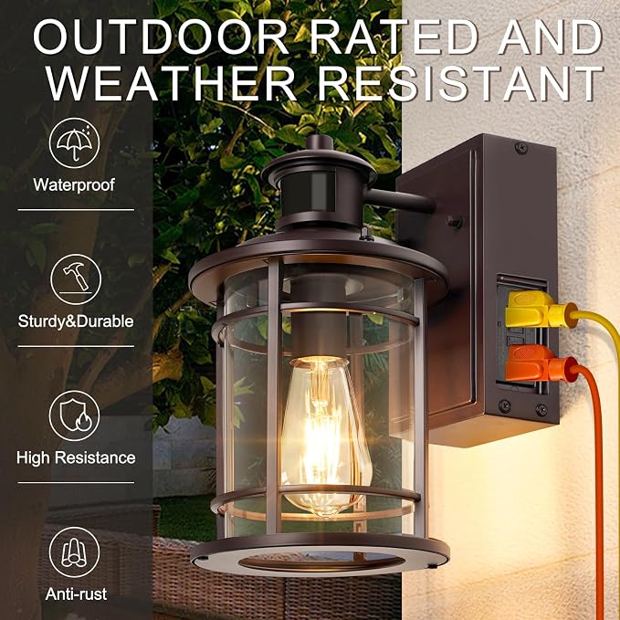 Retro Industrial Brown Outdoor Wall Lights with GFCI Outlet - Dusk to Dawn & Motion Sensor Porch Light, 3 Modes, Waterproof Anti-Rust Exterior Sconce for Porch,Garage, Patio, House