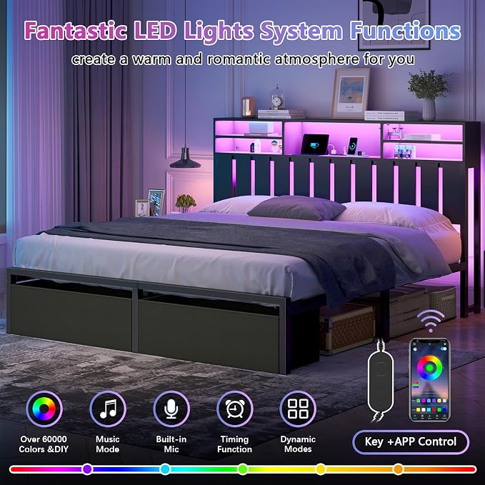 Queen Size Bed Frame with 2 Storage Drawers, Wood Headboard with LED Lights | Queen Bed Frame with Power Outlets & 2-Tier Storage Shelves, Metal Platform Bed with Under Bed Storage, No Box Spring Needed