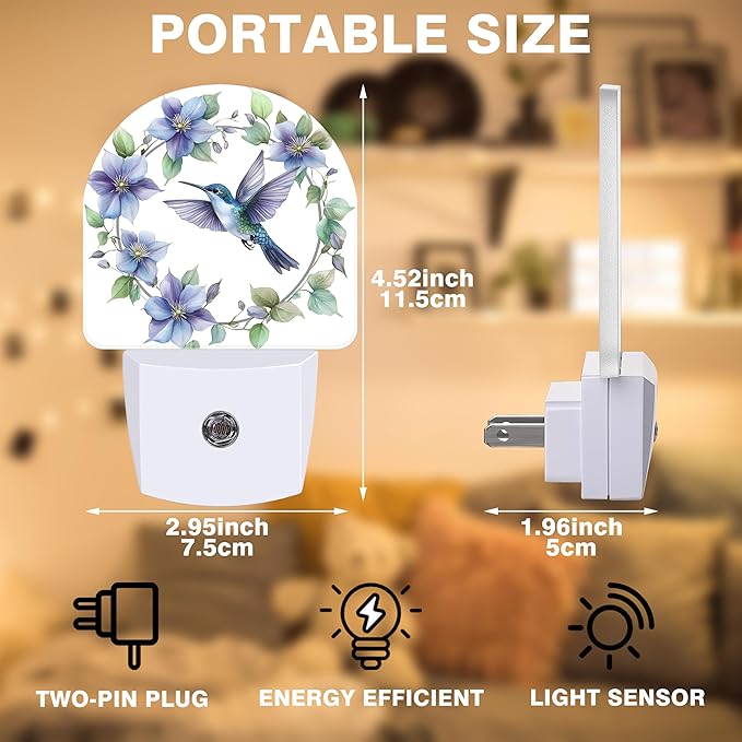 Floral Night Light, Hummingbird Wreath Night Lights Plug into Wall Dusk to Dawn Sensor Round Nightlight for Women Men Energy Efficient Led Lamp 0.5W for Stairway Hallway Bedroom