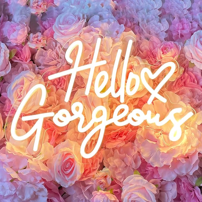 Hello Gorgeous Neon Signs for Wall Decor with Heart, Warm White Gorgeous LED Sign Lights for Bedroom Dorm Salon Wedding Party, 16"x12" Preppy Cute Room Decor Woman Cave - 100,000H Lifespan