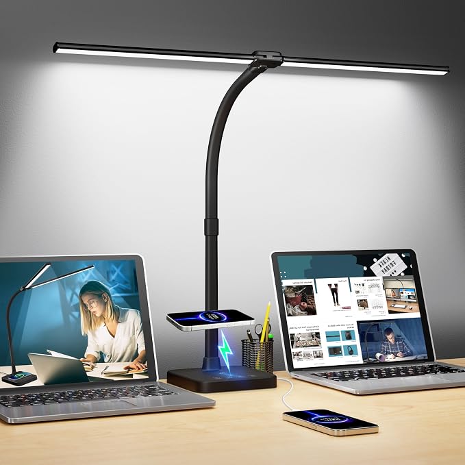 ShineTech LED Desk Lamp, 24W Double Head Desk Light with Wireless Charging | 5000K Daylight White, 25 Lighting Modes, USB Port, Dual Swing Arm, Eye-Caring, Auto Timer & Memory for Office Dorm Piano Nail