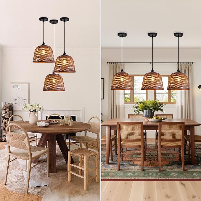 3-Pack Bamboo Pendant Light,Mini Brown Rattan Chandelier | Boho Curry Bamboo Rattan Pendant Lights,Hand Woven Rattan Chandelier for Kitchen Island Dining Bedroom Living Room