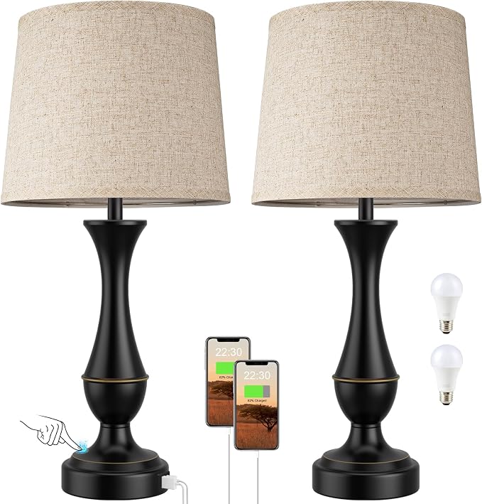 Touch Lamps for Nightstand, 3 Way Dimmable Lamps for Bedroom with USB C+A | Touch Control, USB C+A Charging Ports, Table Lamps for Living Room, Night Stands, Bedside, Bedroom, Bulb Included, Black
