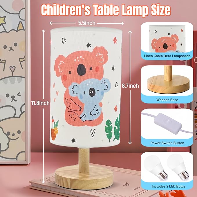 Bear Kids Table Lamp for Bedroom Kids Bedside Lamps 3 Colors Wooden Base Nightstand Night Light with Cartoon Flaxen Fabric Shade Desk Lamp for Girls Boys Room Nursery Decor,Bear Gifts for Boys Girls