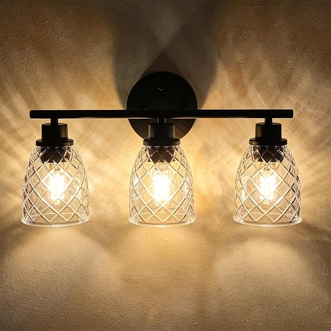 3-Light Vanity Light Over Mirror, Black Bathroom Light Fixtures | Modern Farmhouse Wall Lamp with Hammered Glass Lampshade for Kitchen Hallway Bedroom Living Room Cabinet Porch-18.1IN