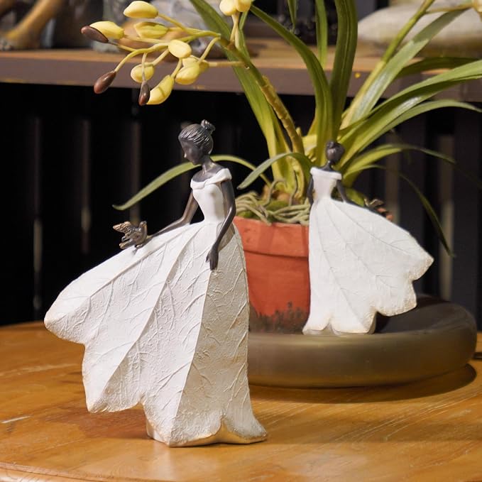 Guichifun Fairy Statue, White, 8.5 x 5.25 x 12 Inch | Leaf Angel Girls With Bird, Resin, Indoor Outdoor Yard Decorations, Figurines, Retirement Gift