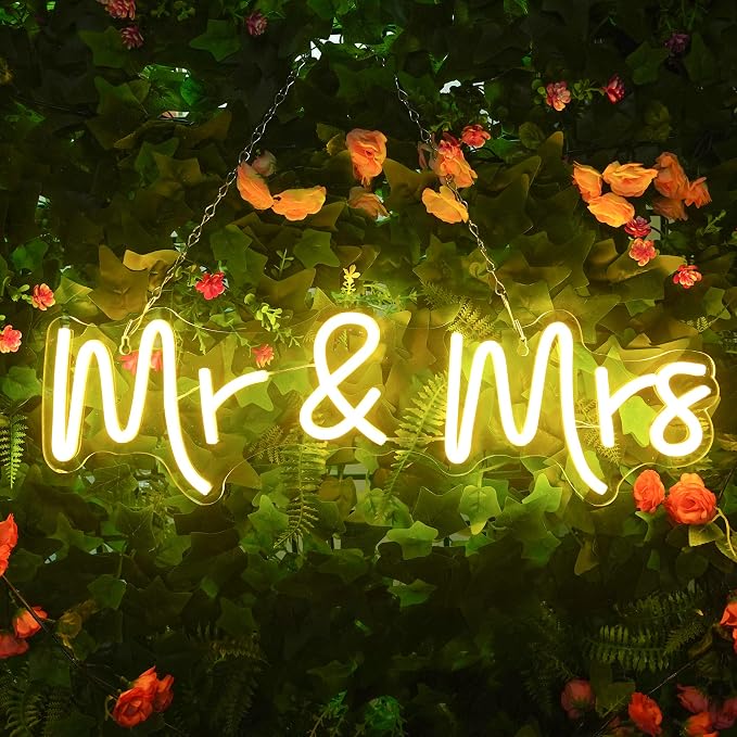 Mr and Mrs Neon Sign Wedding, Aslanka LED Mr & Mrs Light for Backdrop Decor, Neon Mr Signs for Shower Engagement Arch Flower Background Reception Desk Home Decoration Gifts, 19.6 x 5.5in(Warm White)