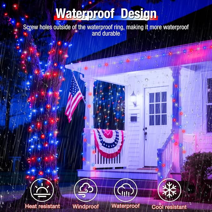 btfarm 2 Pack Red White and Blue Solar Fairy Lights | 4th of July Solar String Lights Outdoor Waterproof, 160LED 66FT Memorial Independence Day Patriotic for Tree Garden Patio