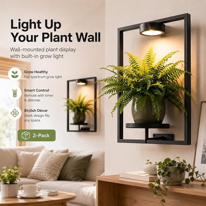 2 Pack Plant Wall Shelf with Grow Light, Wall Mounted Indoor Plant Shelf | Rechargeable Cordless Magnetic Grow Light with Remote Timer Dimming, Floating Plant Shelf for Living Room Office Decor