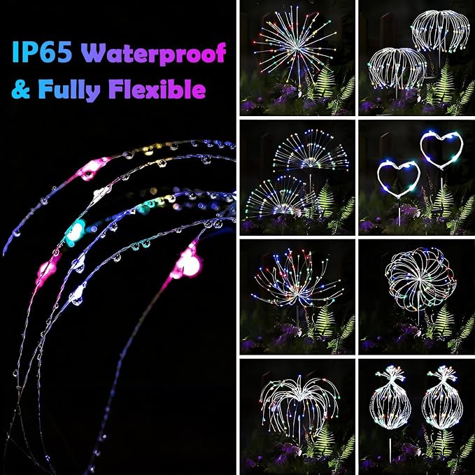 6-Pack Solar Firework Lights for Outside Waterproof Garden Fairy Lights | Adjustable 32"-51" tall, 200 LED stainless steel stake starburst lights with 8 modes for pathway patio decorations.