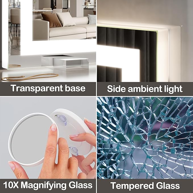 FENNIO Makeup Mirror with Lights 32"x22" ，LED Makeup Mirror ，Large Vanity Mirror with Lights，Touch Sensor with Dimmable 3 Modes, Square White