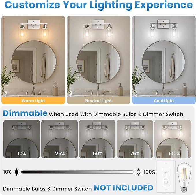 Ascher 2 Light Bathroom Light Fixture, Brushed Nickel Bathroom Lighting Fixtures Over Mirror, Vanity Light with Clear Glass Shade, Wall Sconce for Living Room Bedroom Cabinet, E26 Base