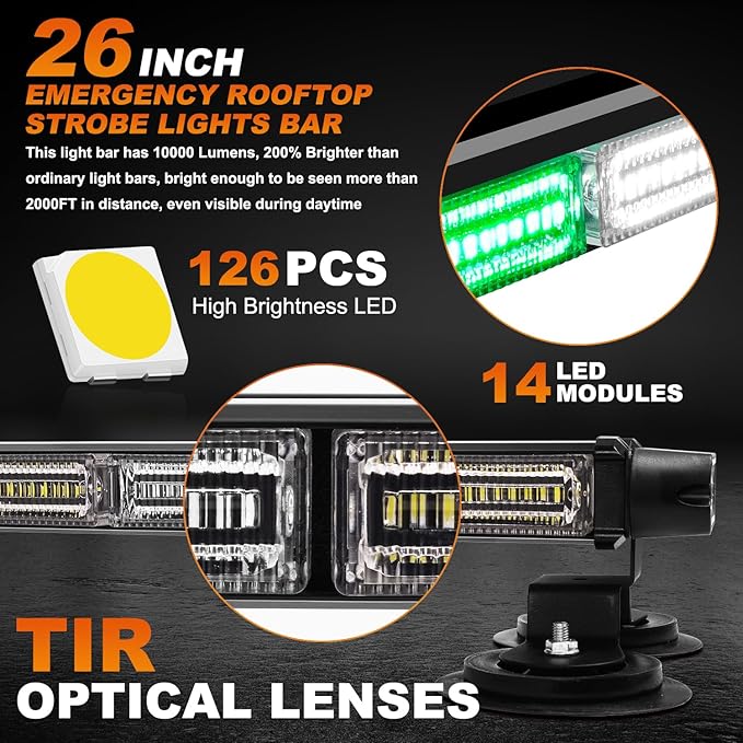 ASPL 26inch 126 LED Rooftop Emergency Strobe Lights Bar Double Side Flashing Safety Warning Traffic Advisor Light Bar Hazard Snow Plow Light for Trucks Vehicles Construction Tow Pickup(Green/White)