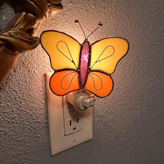 Gift Essentials Yellow and Orange Butterfly Plug in Night Light - Stained Glass Nightlight with On/Off Rocker Switch - Includes One 4 Watt Replaceable Incandescent Warm Glow Bulb