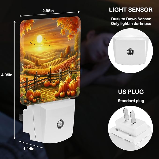 LED Night Light Lamp with Smart Sensor Dusk to Dawn Sensor,Autumn Harvest Season Evening in Rustic Countryside Golden Fall Sunset Pumpkin Night Light Daylight White,0.5W Plug-into Wall