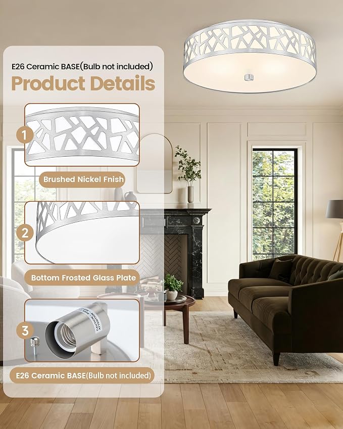 3-Light Flush Mount Ceiling Light, 16 Inch Modern Light Fixture with Brushed Nickel Metal and Frosted Glass Shade for Bedroom, Hallway, Kitchen