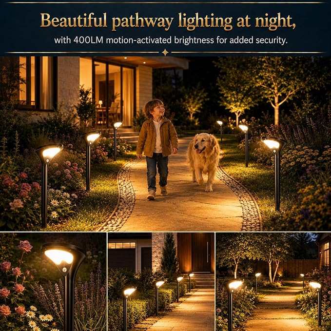 Garpar 400LM Solar Pathway Lights with Motion Sensor, Tempered Glass Panel | 26 LEDs, 3 Modes, Waterproof, 1500mAh Battery, Larger Solar Panel, 3 Height Options for Garden Yard Walkway Driveway Path