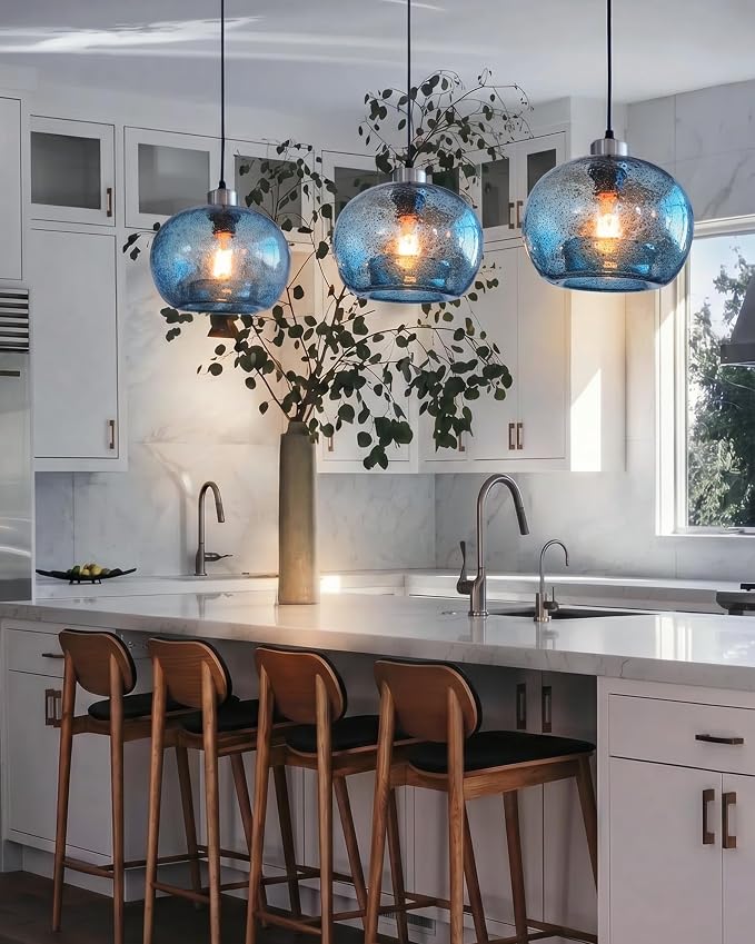 Blue Pendant Light, Hand Blown Glass,Brushed Nickel, 8.7 Inch | Modern Rustic Ceiling Hanging Fixtures Dimmable Kitchen Island Sink Foyer,Adjustable Cord ETL Certification