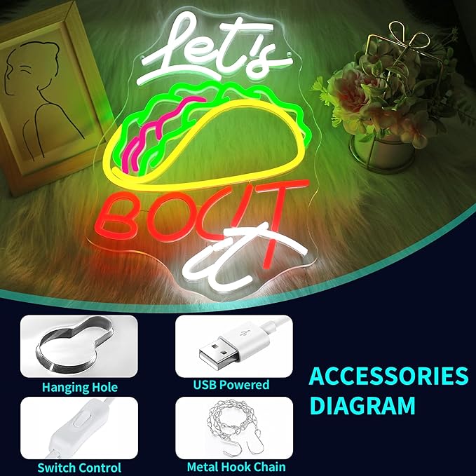 Taco Neon Sign, JGHTURIE Neon Signs for Wall Decor Let's Bout It Light up Led Signs for Restaurant Home Decoration USB Powered
