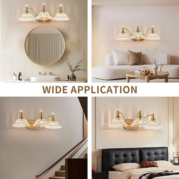 Vintage Bathroom Light Fixtures, 3-Light Brass Vanity Lights with Floral Clear Glass Shades, Retro Wall Sconce for Bedroom, Living Room, Hallway