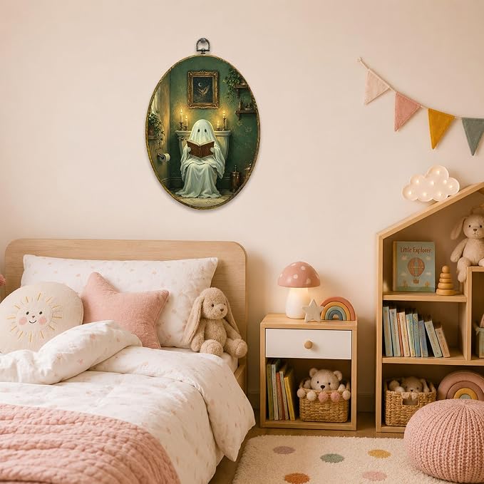 Reading Ghost Oval Wall Art, Framed Canvas Decor, 8.5x11.5 Inch | Reading ghost in vintage bathroom, candlelight, gothic cottagecore Halloween decor