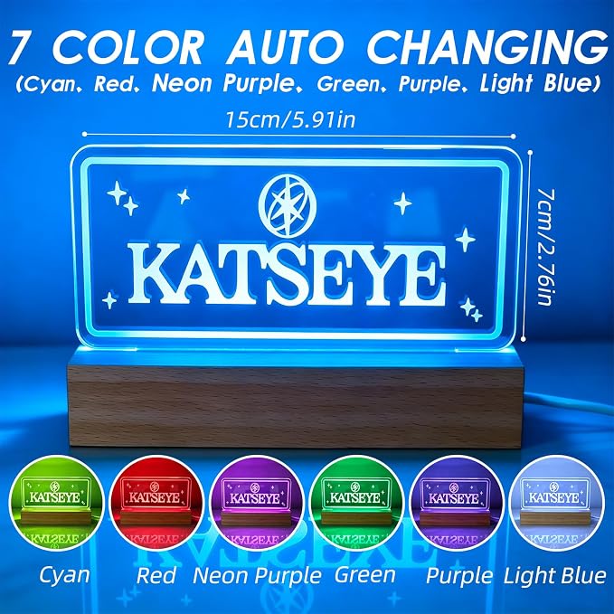 Kate LED Night Light 7 Color Changing Neon Sign USB Acrylic Lamp Wood Base | Adjustable brightness USB powered glowing decor lamp birthday gift for K-pop fans for bedroom desk home ambiance decoration