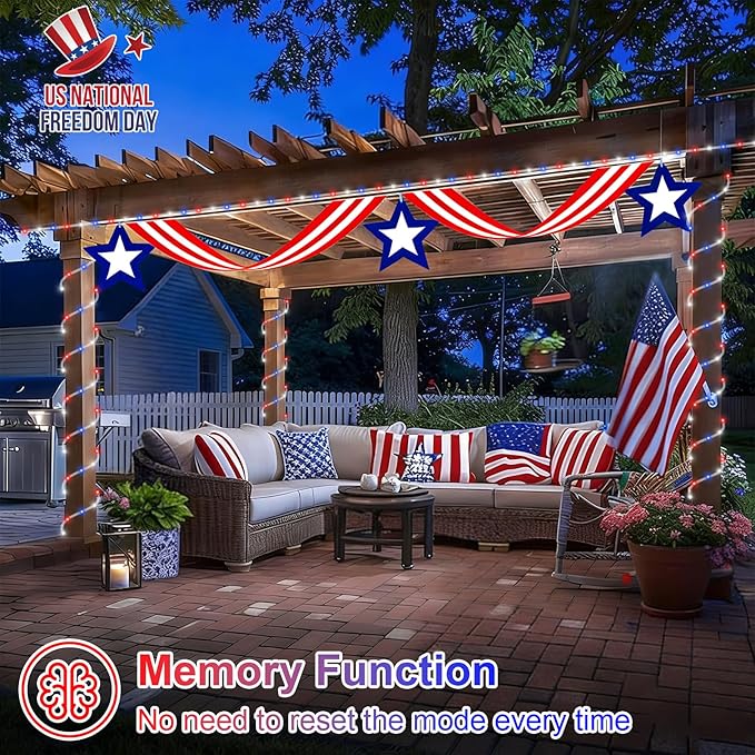 QITONG Red White Blue Solar Rope Lights, 2 Pack Each 33ft 100 LED 4th of July Lights Outdoor, 8 Modes Fairy Lights in Clear Thin Tube for Patriotic Independence Memorial Day Decor