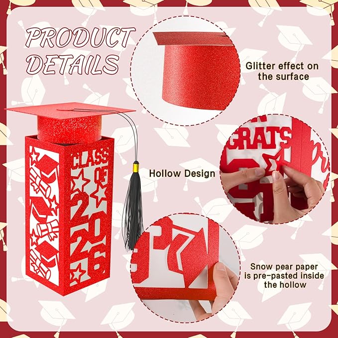 6 Pcs Graduation Table Centerpieces Boxes Class of 2026, Red Graduation Paper Lanterns Boxes with String Lights Hollow Out for Congrats Grad School College Table Decorations Grad Party Photo Props