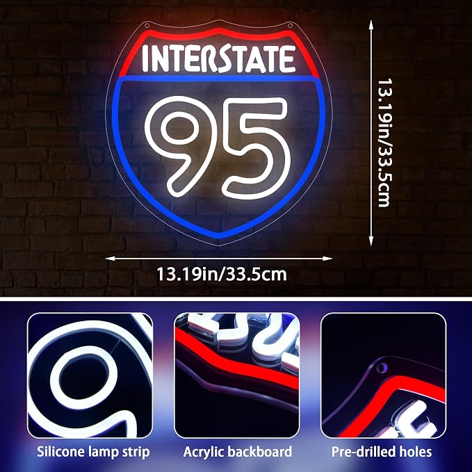 Garage Neon Sign for Wall Decor Route 95 Road Neon Light for Man Cave | Dimmable Neon,Men Birthday Garage Gifts,5V USB Powered,Off-road Fans Bedroom,Sport Bar Decor,Gas Station Art,13.8*11.8in