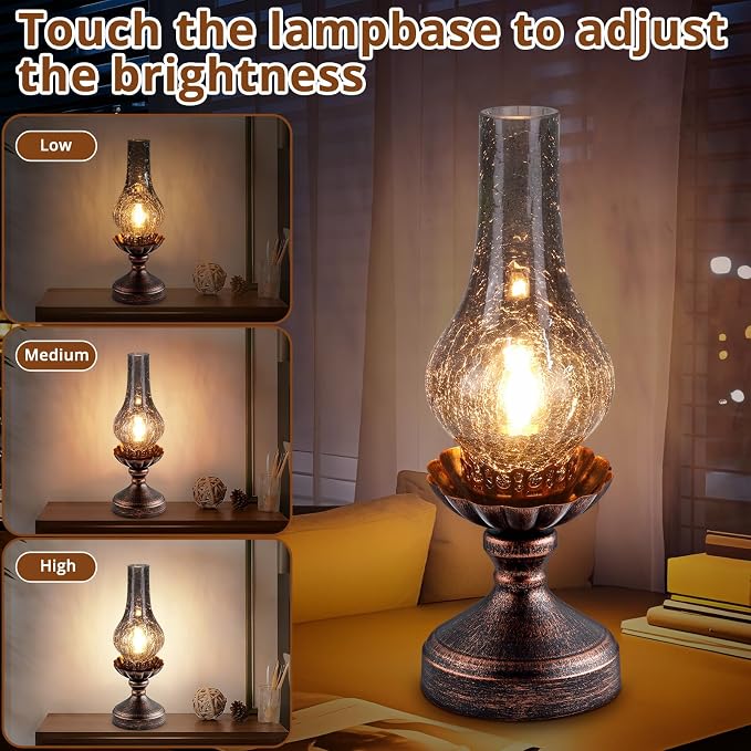 Vintage Table Lamp with Smoke Grey Crackle Glass Shade,Touch Control & 3-Way Dimmable Rustic Retro Farmhouse Bedside Lamp for Bedroom, Living Room, Cabin, Office (2700K LED Candle Bulb Included)