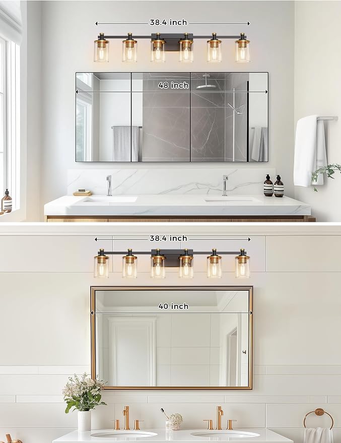 Bathroom Light Fixture, Bathroom Vanity Light Over Mirror, 6-Lights | Vanity Lights for Bathroom, Modern Lighting Fixtures with Clear Glass Shade, Black and Gold Vanity Lights, ETL Listed