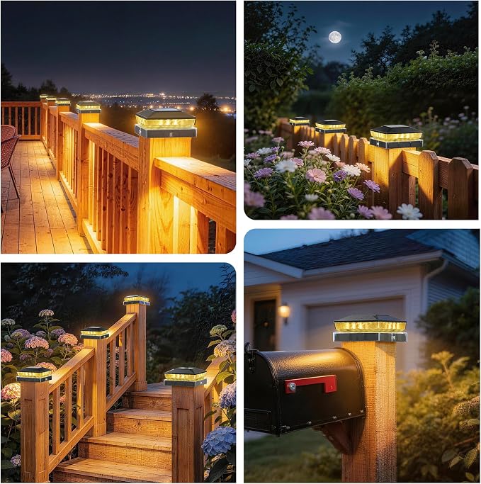 Solar Post Cap Lights 12 Pack, Post Lights for 4x4 Wood/Vinyl Posts | 3.5x3.5/4x4 Fence Post Solar Lights, IP65 Waterproof, 10-12H Upgraded Warm/Cool White Glow for Garden/Patio/Porch - Black