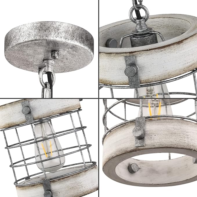 Retro Industrial Metal and Wood Chandelier 1-Light Round Cage Pendant Light Fixture for Kitchen Island Foyer Hallway Bar Dining Room Restaurant, D 7.9" x H 8.7" (White)