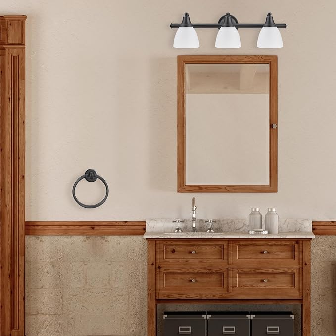 Globe Electric 51227 Jayden 5-Piece All-In-One Bathroom Set, Oil Rubbed Bronze, 3-Light Vanity Light with Frosted Glass Shades, Towel Bar, Toilet Paper Holder, Towel Ring, Robe Hook, Bulb Not Included