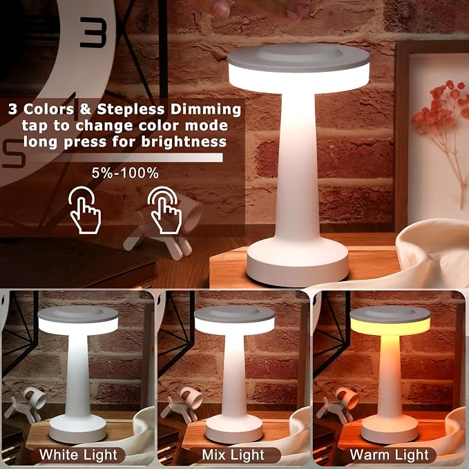 Riakrum 1 Pcs White LED Portable Cordless Table Lamp Bulk with Touch Sensor 3 Color Stepless Dimming Rechargeable Battery up to 15 Hours Cordless Table Light Wireless Lamp Wedding Home