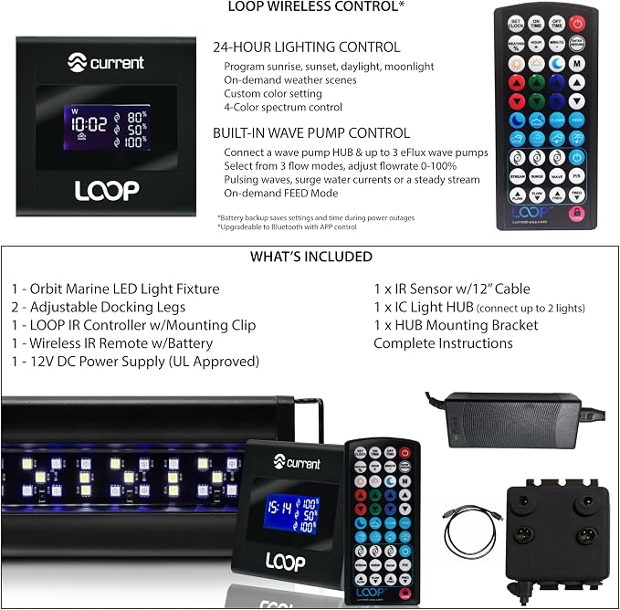 Current USA 36-48" Inch Orbit Marine LED Saltwater Reef Marine Aquarium Light | 24 Hour IR Lighting & eFlux Wave Pump Control | Adjustable Color Spectrum for Fish Tank (4102)