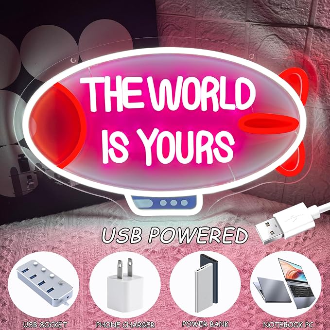 The World Is Yours Neon Sign Dimmable Blimp Neon Light for Wall Decor | USB Powered Airship Led Light Up Sign for Bedroom Game Room Man Cave Boy Teen Room Bar Birthday Party Wedding Valentines Day