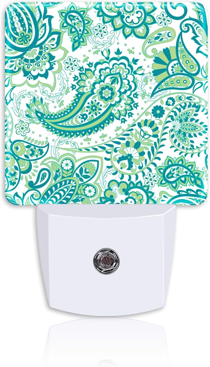 Green Paisley Floral Night Light,Traditional Paisley Plug-in Night Light Auto Dusk-to-Dawn Sensor Energy Efficient LED Lamp for Room Decor,Hallway,Kitchen,Bathroom,Nursery,Stairs