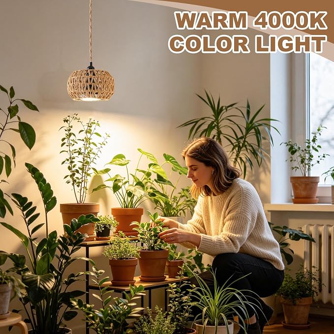 Hanging Grow Light, 30W LED Lamp with Timer for Indoor Plants | 4000K LED plant lamp with 15 ft cord, outlet timer, and boho paper rope shade for succulents, herbs, and low-light rooms.