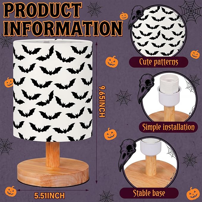 Bats Kids Table Lamp for Bedroom Kids Bedside Lamp with Linen Wooden Nightstand Cartoon Nursery Lampshade for Girls Boys Living Room