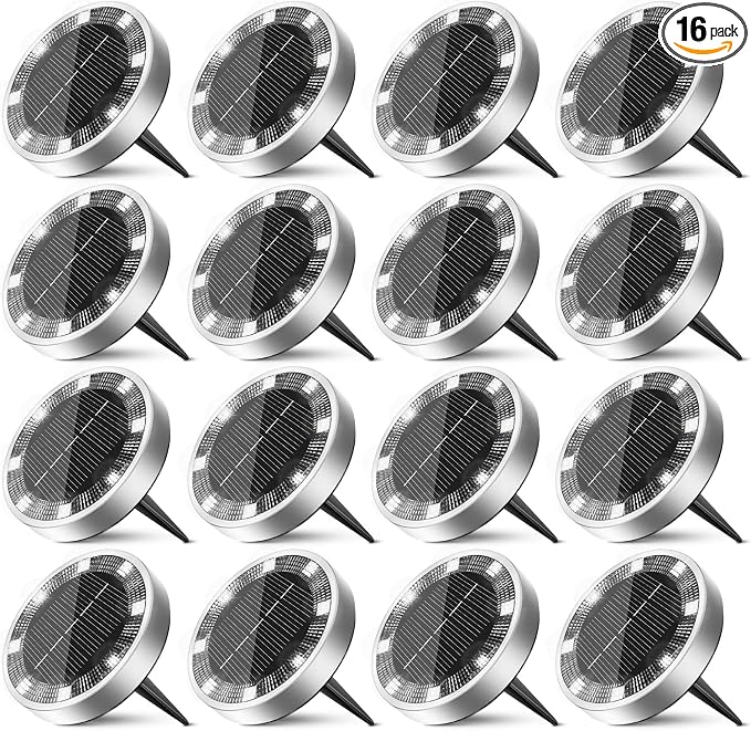 16 Pack Solar Lights Outdoor Waterproof, 8 LED Solar Ground Lights | Flat Solar Disc Light Landscape Lighting for Pathway Garden Yard Walkway Driveway Lawn, Cool White