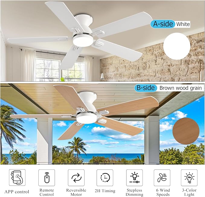 KNUN 52 inch Ceiling Fans with Lights, White Low Profile Ceiling Fan with Remote Control and App, Double-sided Fan Blades, 3CCT Dimmable LED, Noiseless, Flush Mount Ceiling Fan for Bedroom, Patio.