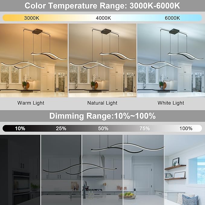 Mayful LED Chandelier, Modern Chandelier with Remote Control, Dimmable 3000K-6000K Adjustable Temperature, Height Adjustable Kitchen Island Pendant Light for Dining Room, Living Room Black 64.2 inches