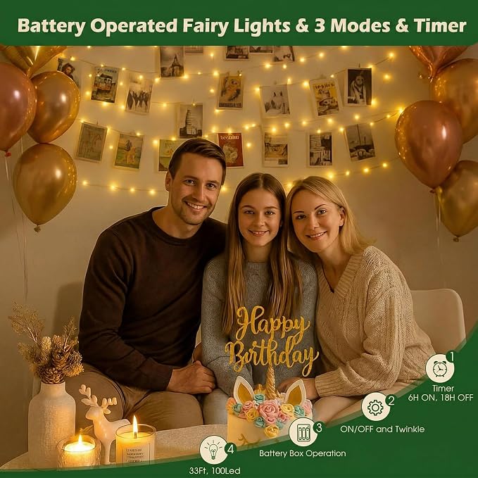 Teen Girl Room Decor with Photo Light: Battery Operated 33Ft 100LED Fairy Lights with Clips for Pictures with Timer, String Light with 50 Clear Clips for Christmas Bedroom Dorm Décor