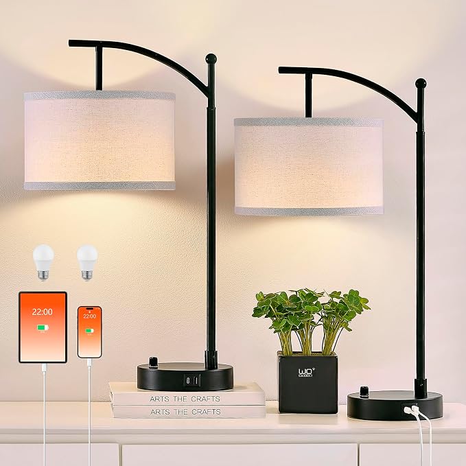 Table Lamp for Living Room Bedroom, 23.5" Table Lamps Set of 2 with USB C+A Ports, Bedside Lamps for Nightstand with Linen Lamp Shades, 2 Dimmable LED Bulbs Included, Black