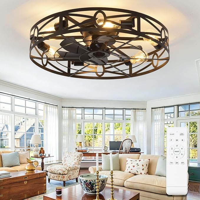 Depuley Flush Mount Ceiling Fan: 24" Caged Ceiling Fans with Remote Control for Patio Kitchen Bedroom - Low Profile Fandelier Lights Fixture Reversible 6 Speed Timer Black 6*E26 Bulb Not Included